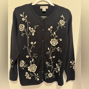 Dressbarn Button Down Floral Embroidered Beaded Knit Cardigan Women’s Size M